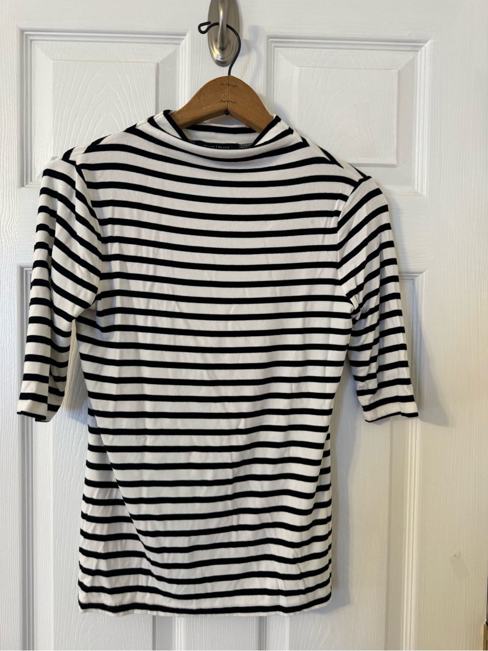 White House Black Market Black and White Striped Mock Neck Top